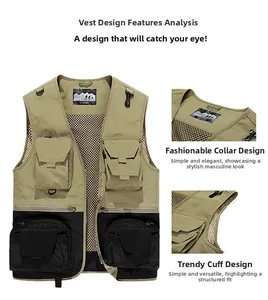 Detail of multi-pocket outdoor vest featuring stylish collar and mesh breathable lining