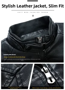 Detailed views of stand collar, metal zipper, and reinforced stitching on men's black jacket