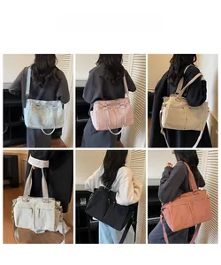 Collage of multi-color canvas tote bags showing six color options and crossbody styles