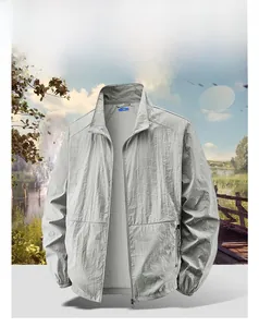 Detail view of light gray sun protection jacket with standing collar and zipper pocket