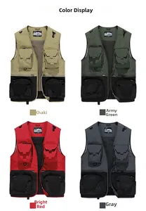 Outdoor fishing vest color display in khaki, green, red and grey with multiple pockets