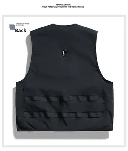 Back view of multi-pocket tactical vest with metal D-ring and dual Molle webbing straps