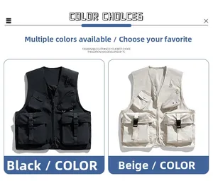 Vue détaillée de gilets tactiques multi-poches en noir et beige avec tissu en nylon