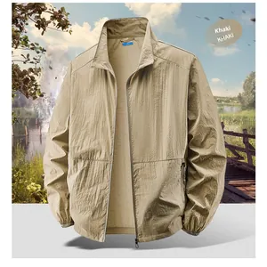 Detail view of khaki sun protection jacket with stand collar and hidden zip pocket