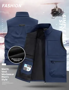 Detail of blue outdoor vest with soft fleece lining and windproof multi-pocket design