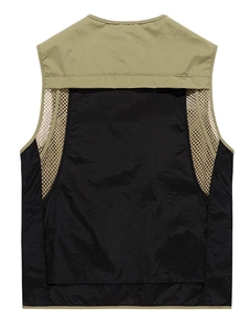 Back view of waterproof outdoor vest with olive green stitching and breathable mesh panels