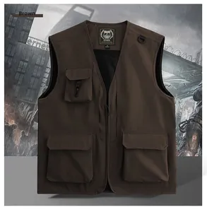Detail of coffee brown tactical vest with V-neck, multi-pockets and mesh lining