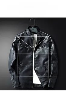 Detail of slim-fit black faux leather biker jacket showing collar and zipper pockets