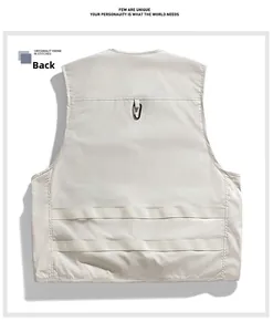 Rear view of beige multi-pocket utility vest featuring a black hanging hook and reinforced straps