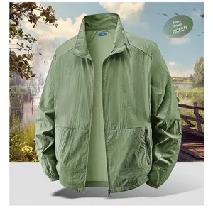 Detail of army green lightweight outdoor sun protection jacket with zipper pocket and stand collar