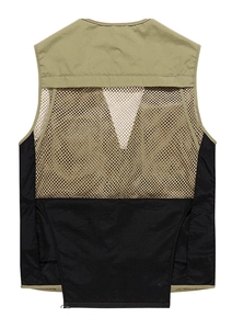 Detailed back view of outdoor fishing vest showing mesh ventilation and zip pocket