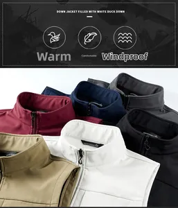 Detail showing various colors of men's softshell down vests with zipper and stand collar
