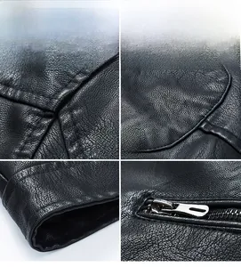 Detail of high-quality black faux leather jacket with lychee texture and stitching
