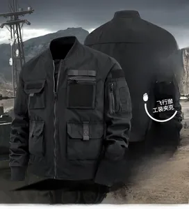 Detailed view of functional black cargo jacket featuring multiple pockets and tactical design