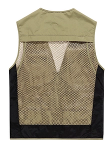 Detail of outdoor fishing vest back featuring breathable mesh panels and khaki green fabric