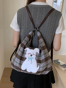 British retro plaid backpack with a cute white dog patch and adjustable leather straps