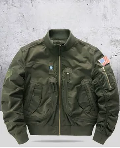 Close-up of army green bomber jacket sleeve with flag patch and ribbed knit cuffs