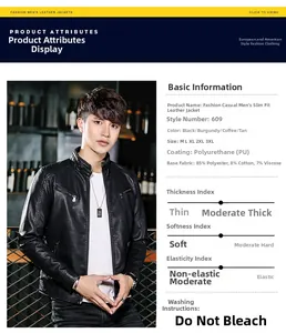 Detailed spec sheet showing black slim-fit PU leather jacket materials and properties