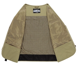 Detail of khaki outdoor vest showing breathable mesh lining and interior size label