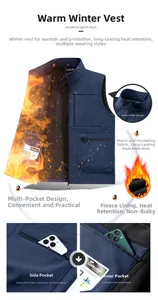 Detail of windproof blue vest showing functional zipper pockets and warm fleece lining