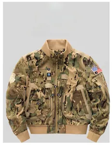 Detail of tactical bomber jacket featuring US flag patch and functional multi-pocket design