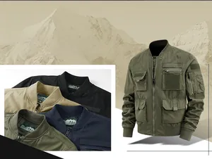 Detail view of multi-pocket pilot flight jacket with waterproof utility pockets and rib collar