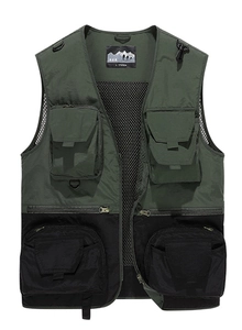 Detail of waterproof outdoor vest with olive green pockets and breathable mesh lining