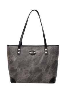 Large gray marble textured tote bag with black leather trim and gold metal rivets