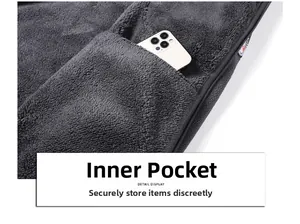 Detail of soft gray fleece jacket interior featuring a hidden pocket for smartphone storage