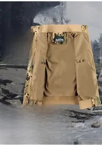 Detailed view of khaki flight jacket with camo sleeves and multiple tactical pockets