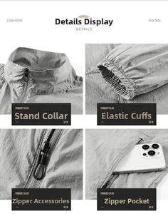 Detail view of stand collar, elastic cuffs, and secure zipper pockets on grey sun protection jacket