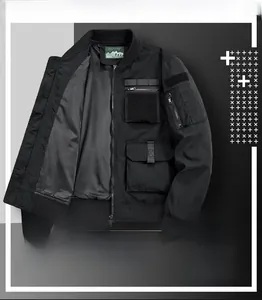 Detail view of black technical bomber jacket with functional multi-pocket design and tactical zip