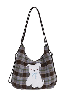 Plaid woolen tote bag with cartoon dog patch and long shoulder straps for women