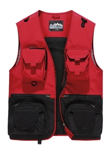 Close-up of functional outdoor vest with multi-pocket design and breathable mesh lining