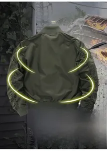 Rear view of an army green bomber jacket with ribbed collar and zipper pocket details