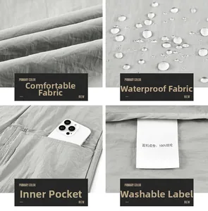 Detail view of light gray nylon fabric with waterproof droplets and internal pocket