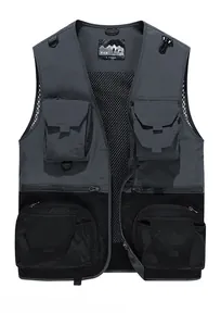 Close-up of functional outdoor fishing vest with multi-pocket storage and mesh lining