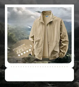 Detail of khaki sun protection jacket showing breathable fabric and stand collar design
