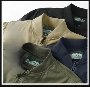Detail view of four-color flight jackets showing ribbed collars and metallic zippers