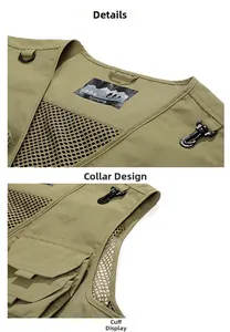 Detail of army green fishing vest featuring mesh lining and tactical utility pockets