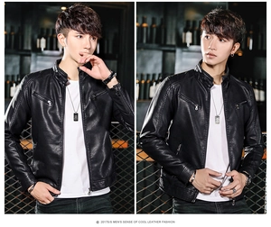 Detailed close-up of slim-fit black faux leather biker jacket with stand collar and zippers