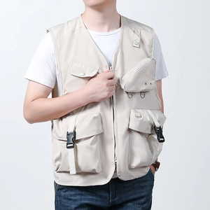 Men's outdoor utility vest in beige with multi-pocket tactical design and buckles