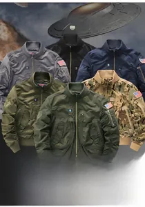 Detail of bomber jackets in six colors featuring tactical arm patches and ribbed collar