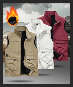 Detail view of multi-pocket tactical vests with warm fleece lining in multiple colors
