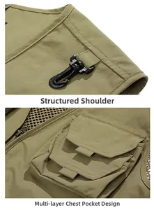 Detail of olive green fishing vest with breathable mesh lining and tactical shoulder D-ring