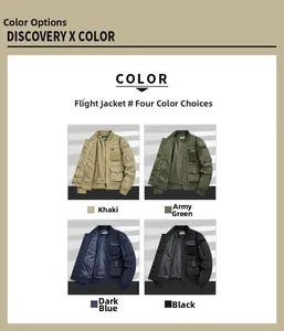 Detail view of multi-pocket pilot jackets in khaki, green, blue and black colors