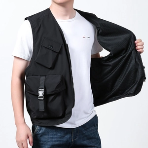 Men's multi-pocket functional utility vest in black with breathable mesh lining for hiking