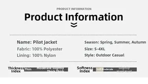Size chart for bomber jacket with 100% polyester fabric and nylon lining details