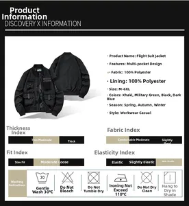 Detailed chart showing bomber jacket specifications, size range, and polyester material info