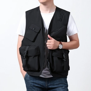 Men's outdoor utility vest with multi-pockets and V-neck for hiking and fishing